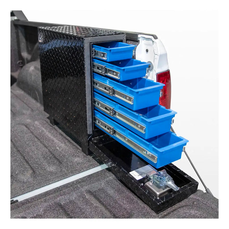 UWS EC20032 18" truck tool box in gloss black powder coat, the box in use in a truck bed