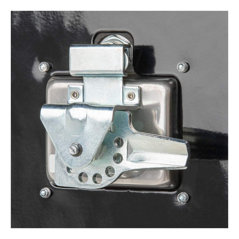 UWS EC20032 18" truck tool box in gloss black powder coat, close-up of the latch mechanism