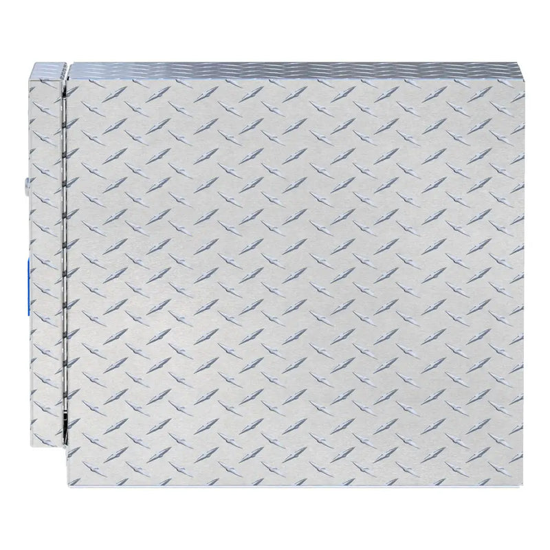 UWS EC20041 22" truck tool box in bright aluminum, end elevation showing box depth and lid overhang