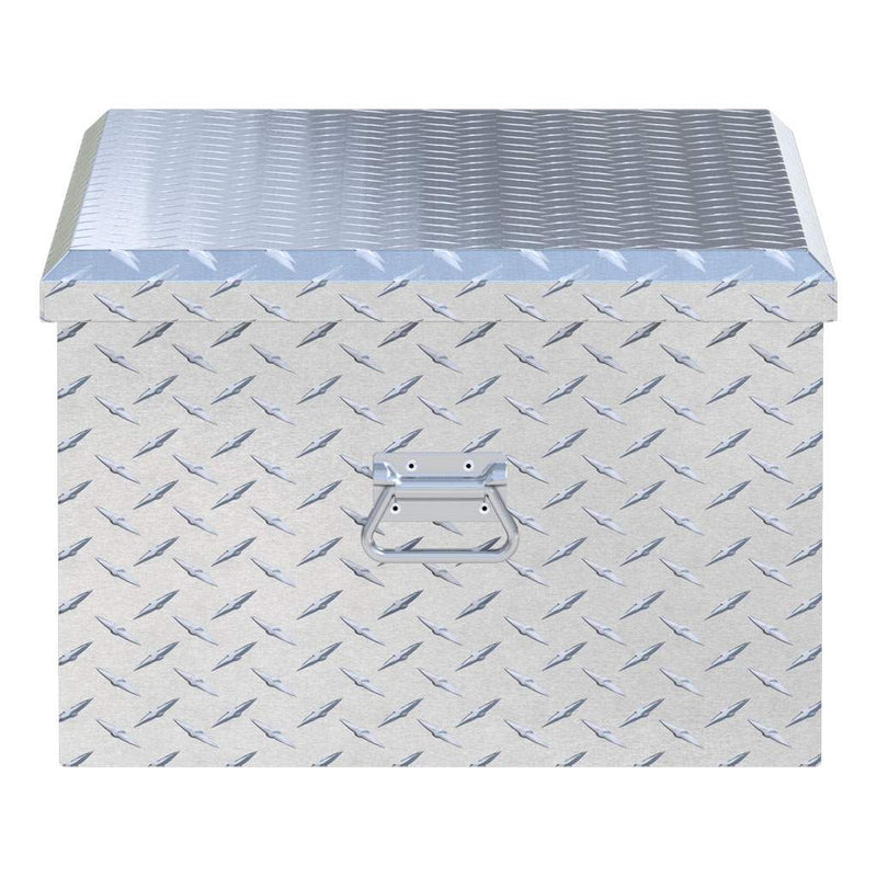 UWS EC20061 36" truck tool box in bright aluminum, end elevation showing box depth and lid overhang