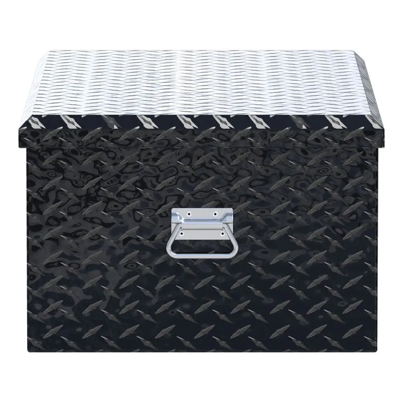 UWS EC20072 36" truck tool box in gloss black powder coat, end elevation showing box depth and lid overhang