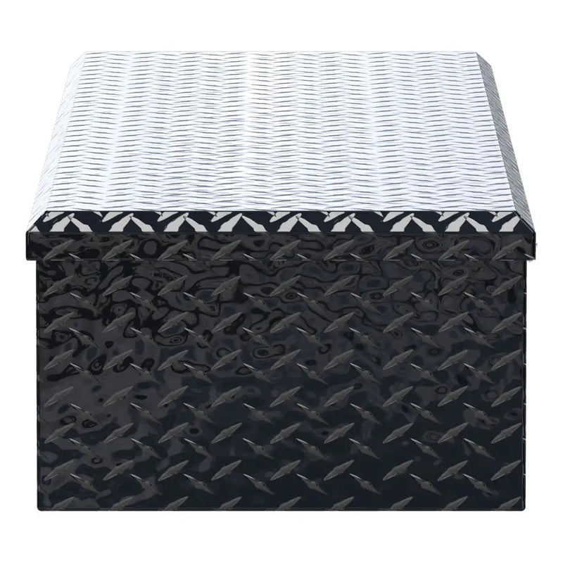 UWS EC20092 58" truck tool box in gloss black powder coat, end elevation showing box depth and lid overhang