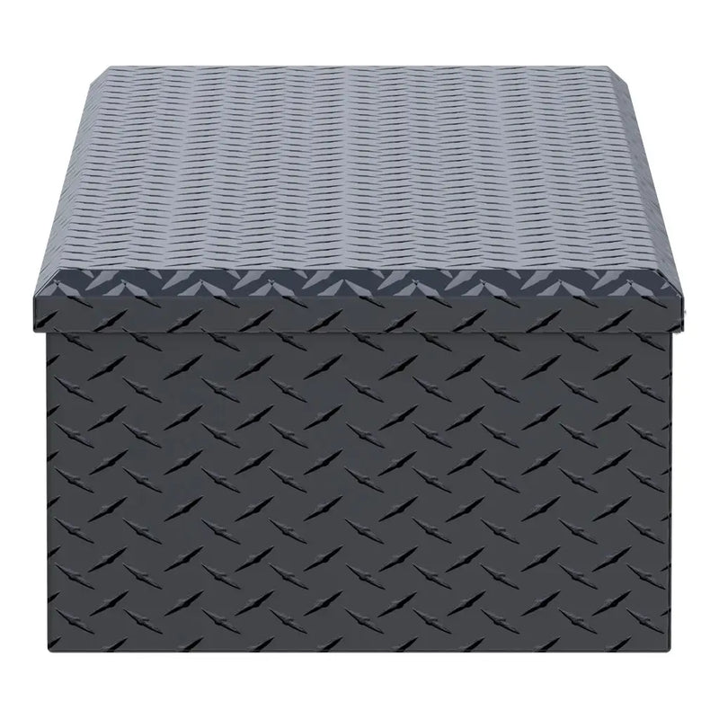 UWS EC20093 58" truck tool box in matte black powder coat, end elevation showing box depth and lid overhang
