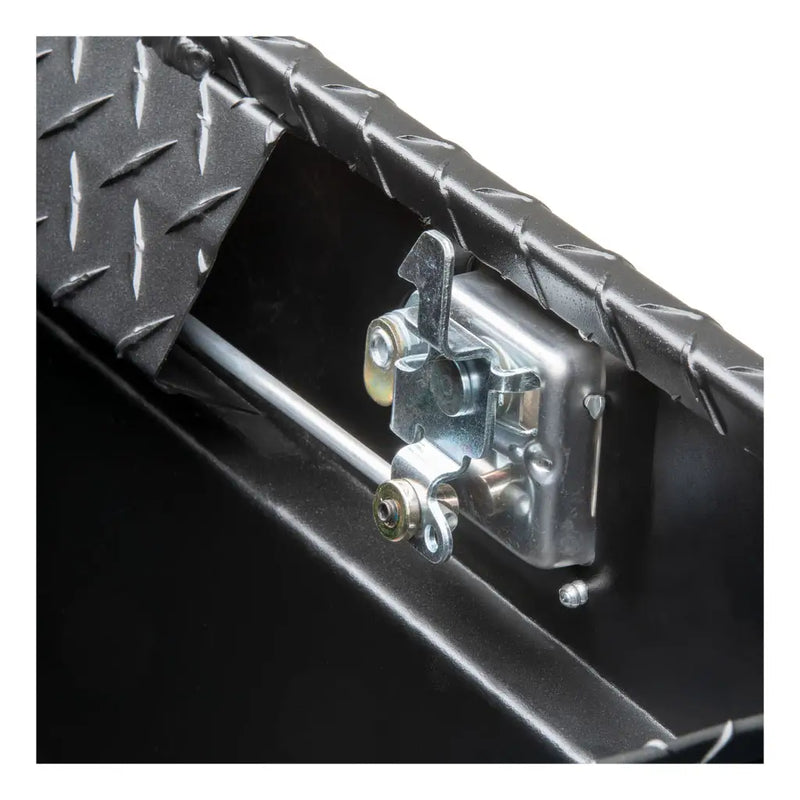 UWS EC20093 58" truck tool box in matte black powder coat, close-up of the latch mechanism
