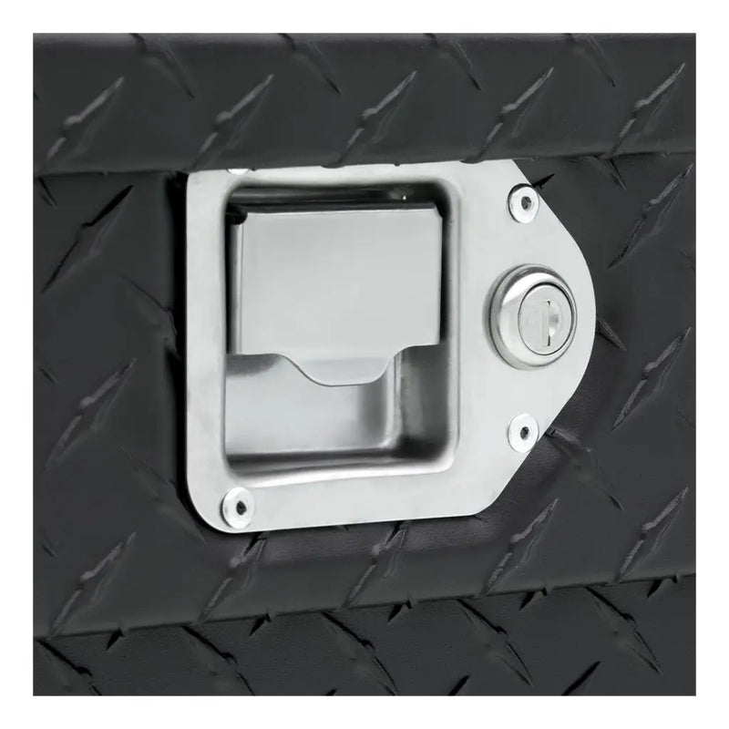 UWS EC20093 58" truck tool box in matte black powder coat, close-up of the stainless steel paddle latch with keyed lock
