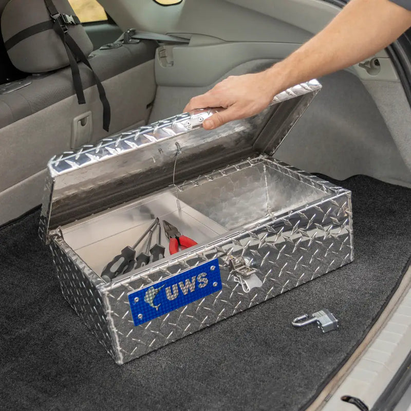 UWS Tote Box in Bright Aluminum, in-use photograph, lid open