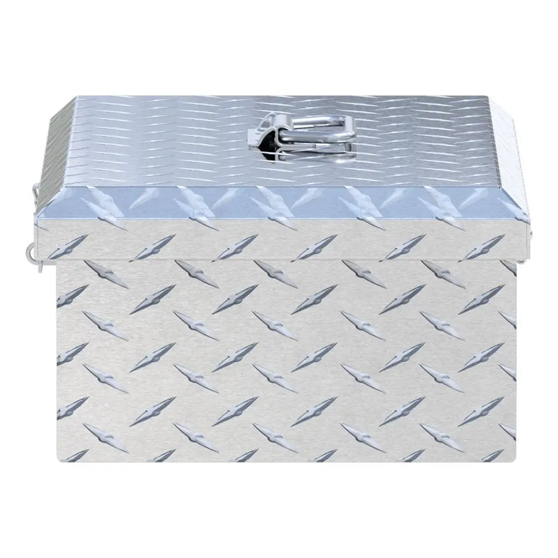 UWS Tote Box in Bright Aluminum, top-down three-quarter view of the closed lid