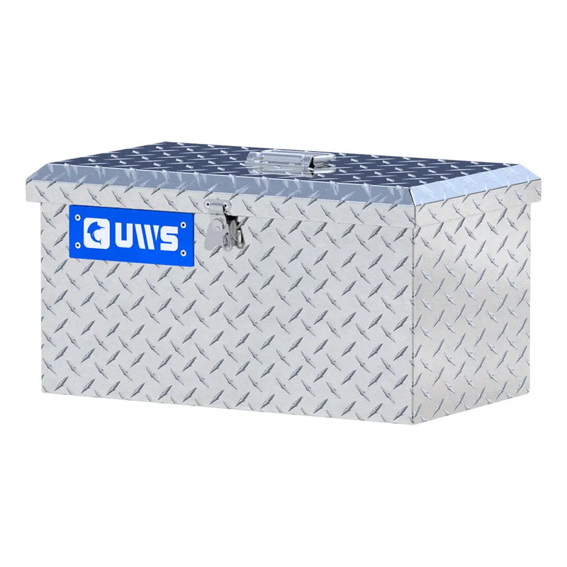 UWS Tote Box in Bright Aluminum, front three-quarter from the opposite side