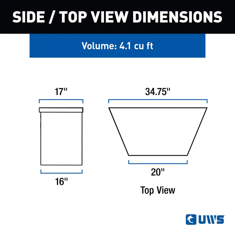 UWS 34" Trailer Tongue Box in Bright Aluminum, UWS side-view dimension drawing
