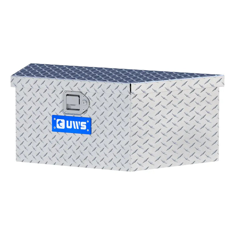 UWS 34" Trailer Tongue Box in Bright Aluminum, front three-quarter from the opposite side