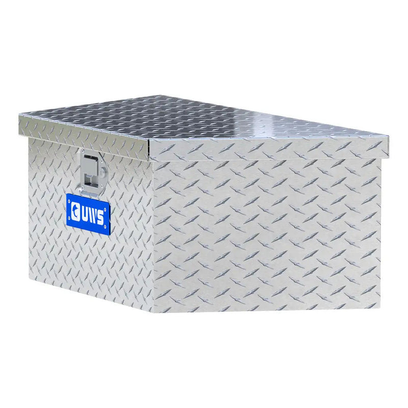 UWS 34" Trailer Tongue Box in Bright Aluminum, rear three-quarter view