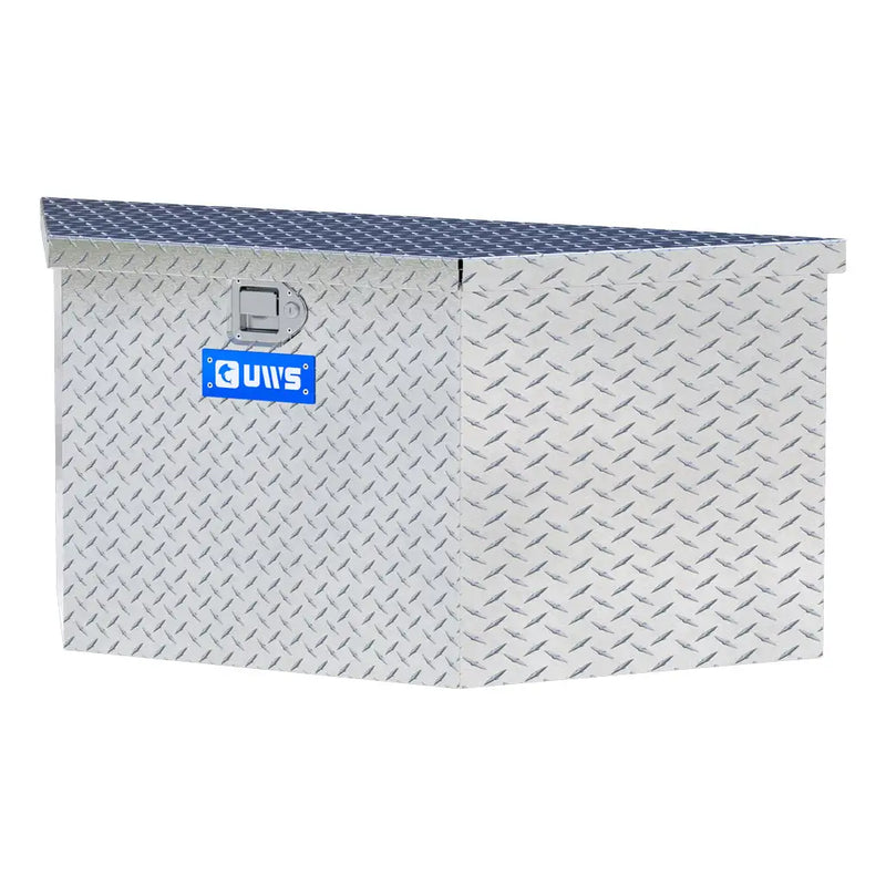 UWS 49" Trailer Tongue Box in Bright Aluminum, front three-quarter from the opposite side