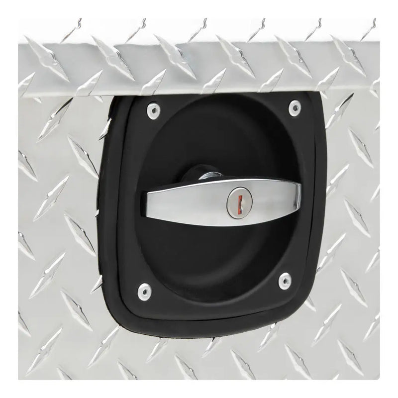 UWS 48" Under Tonneau Chest Box in Bright Aluminum, close-up of the Secure Lock twist handle