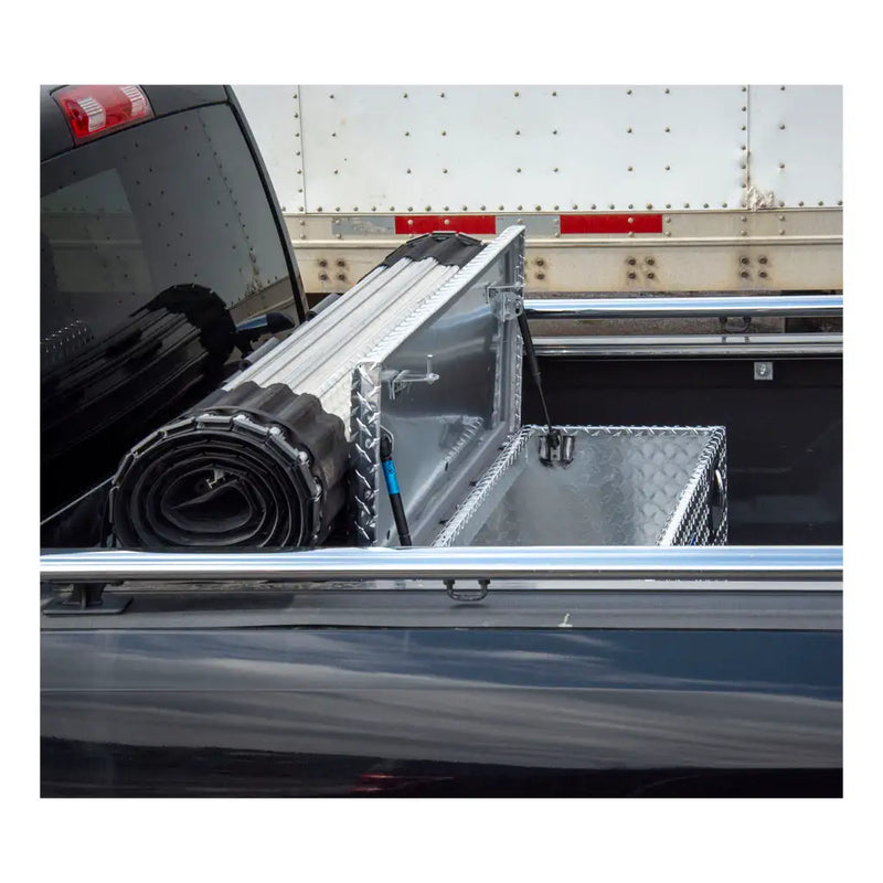 UWS 48" Under Tonneau Chest Box in Bright Aluminum, in-use photograph, lid open