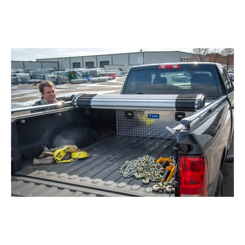 UWS 48" Under Tonneau Chest Box in Bright Aluminum, in-use photograph on a working truck (view 2)