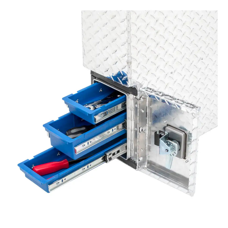 UWS 48" Wheel Well Tool Box in Bright Aluminum, drawers pulled open showing the storage compartments