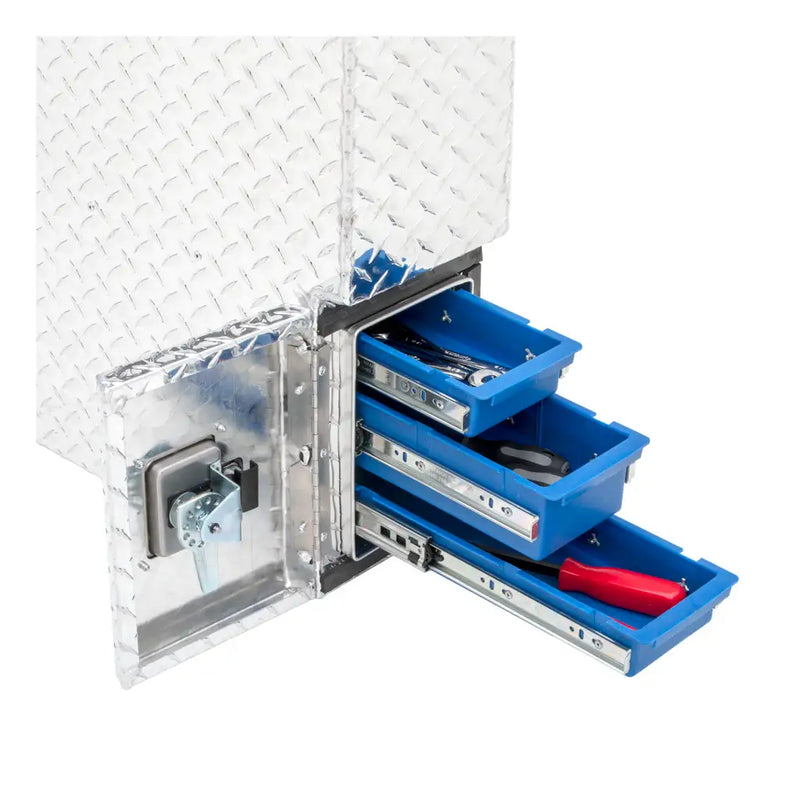 UWS 48" Wheel Well Tool Box in Bright Aluminum, drawers pulled open showing the storage compartments