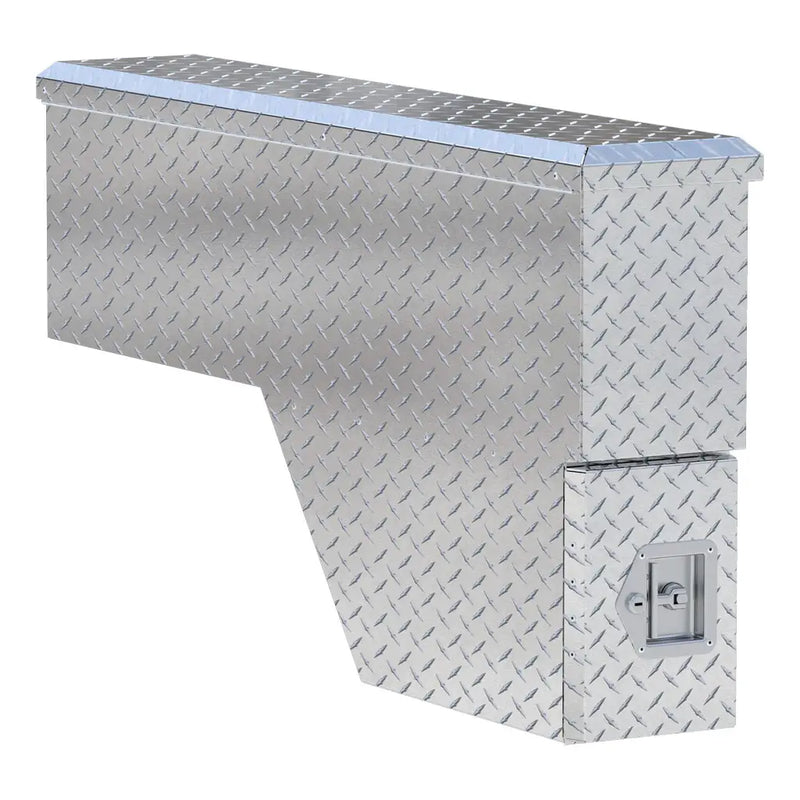UWS 48" Wheel Well Tool Box in Bright Aluminum, front three-quarter from the opposite side