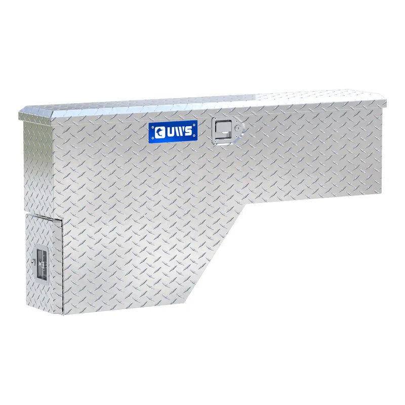UWS 48" Wheel Well Tool Box in Bright Aluminum, rear three-quarter view