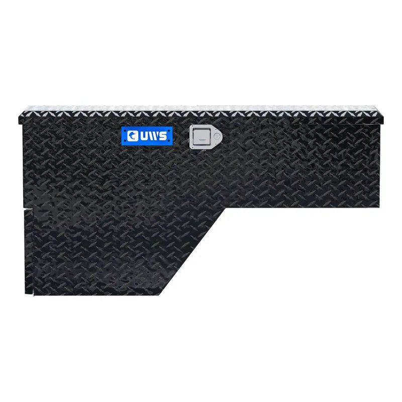 UWS 48" Wheel Well Tool Box in Gloss Black, top-down three-quarter view of the closed lid
