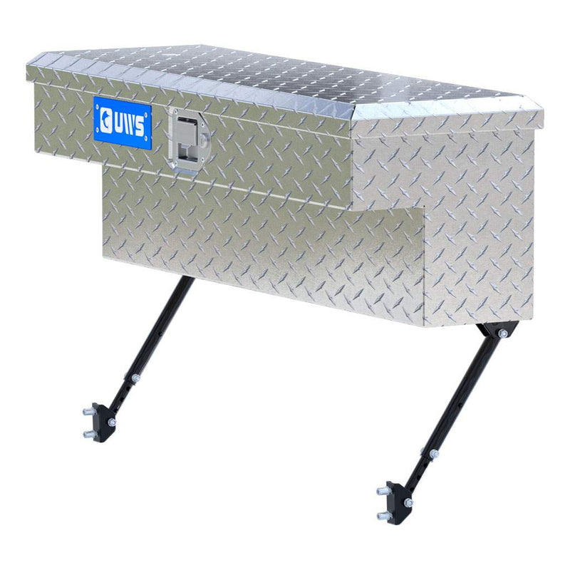 UWS 36" Truck Side Tool Box in Bright Aluminum, front three-quarter studio view, fitted with the black space-saving legs