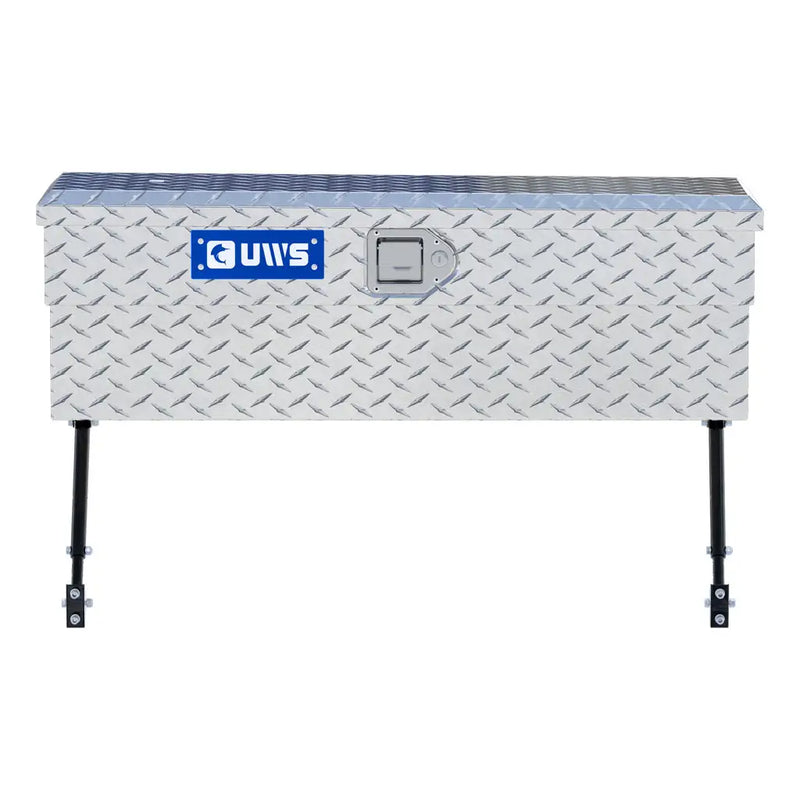 UWS 36" Truck Side Tool Box in Bright Aluminum, straight-on front elevation, fitted with the black space-saving legs