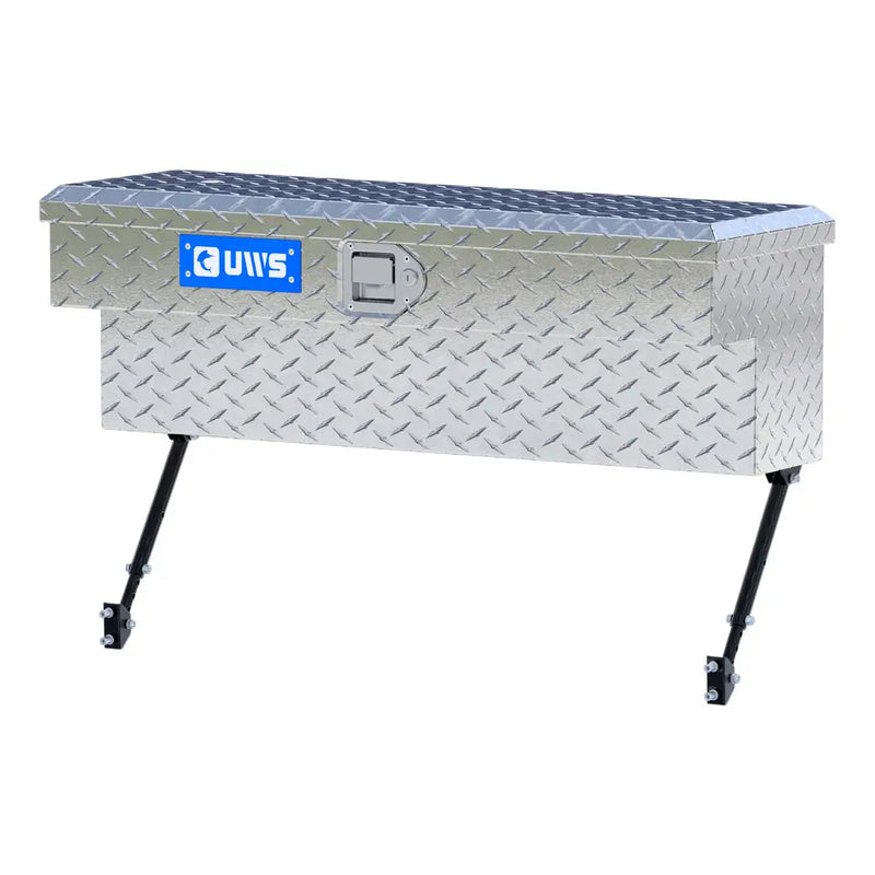 UWS 36" Truck Side Tool Box in Bright Aluminum, front three-quarter from the opposite side, fitted with the black space-saving legs