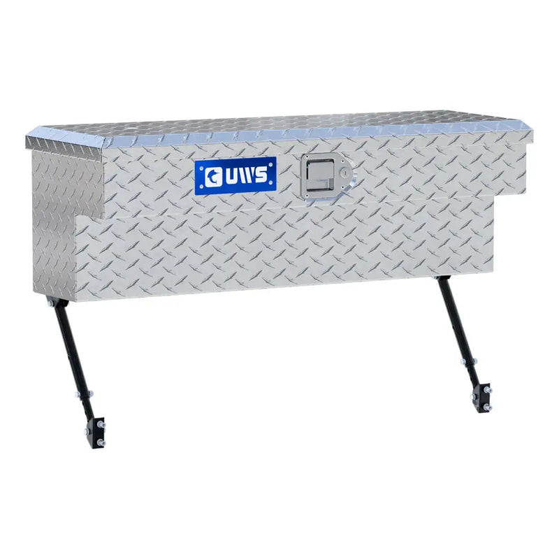 UWS 36" Truck Side Tool Box in Bright Aluminum, rear three-quarter view, fitted with the black space-saving legs