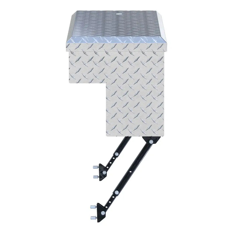 UWS 36" Truck Side Tool Box in Bright Aluminum, top-down three-quarter view of the closed lid, fitted with the black space-saving legs
