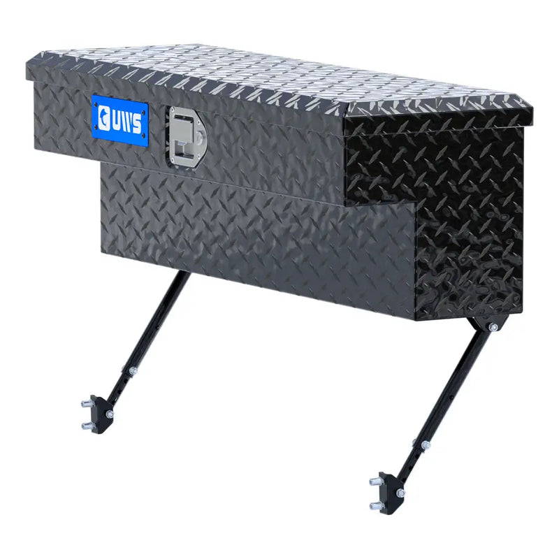 UWS 36" Truck Side Tool Box in Gloss Black, front three-quarter studio view, fitted with the black space-saving legs