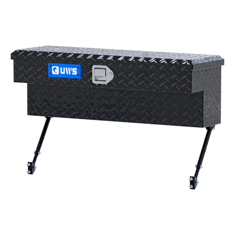 UWS 36" Truck Side Tool Box in Gloss Black, front three-quarter from the opposite side, fitted with the black space-saving legs