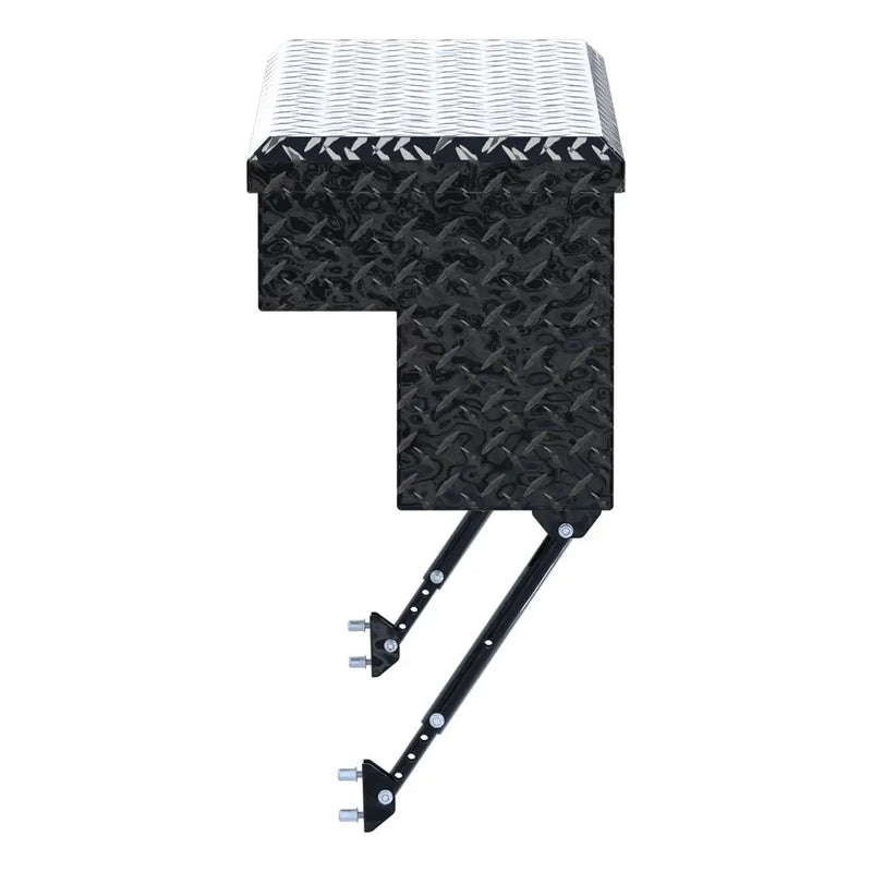 UWS 36" Truck Side Tool Box in Gloss Black, top-down three-quarter view of the closed lid, fitted with the black space-saving legs