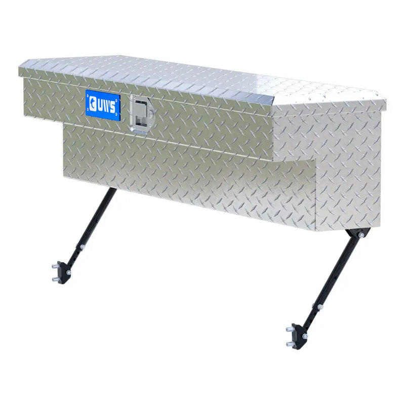 UWS 48" Truck Side Tool Box in Bright Aluminum, front three-quarter studio view, fitted with the black space-saving legs