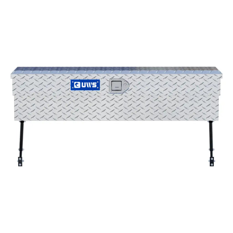 UWS 48" Truck Side Tool Box in Bright Aluminum, straight-on front elevation, fitted with the black space-saving legs