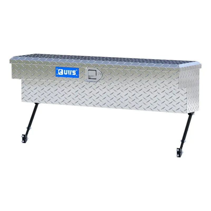 UWS 48" Truck Side Tool Box in Bright Aluminum, front three-quarter from the opposite side, fitted with the black space-saving legs