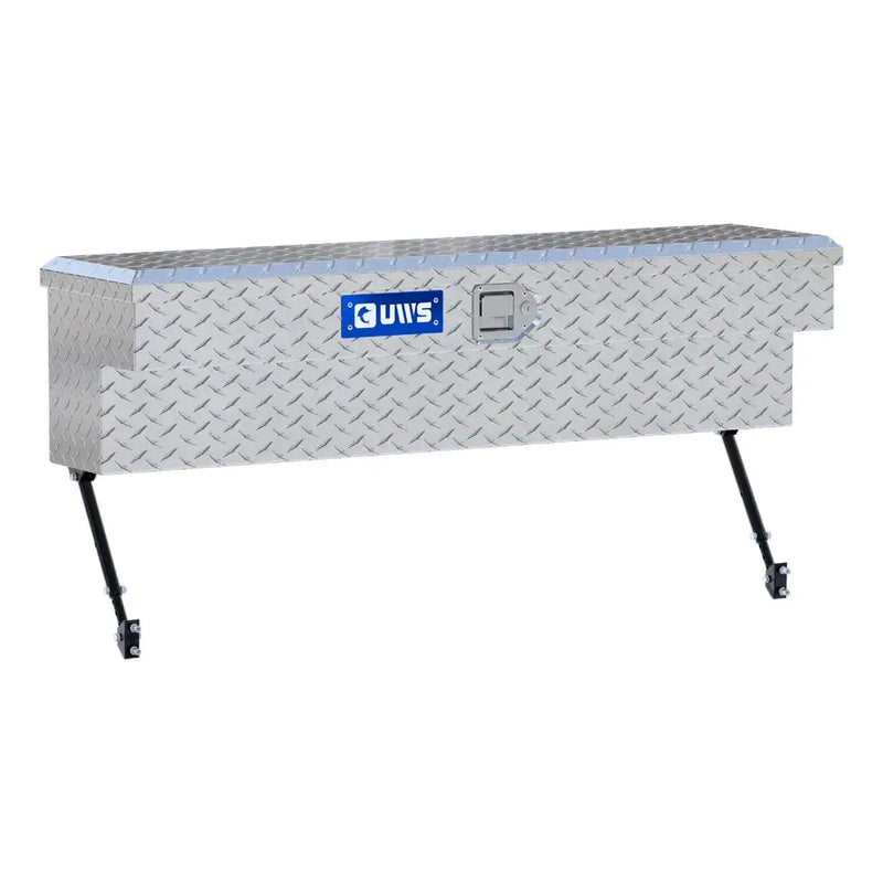 UWS 48" Truck Side Tool Box in Bright Aluminum, rear three-quarter view, fitted with the black space-saving legs