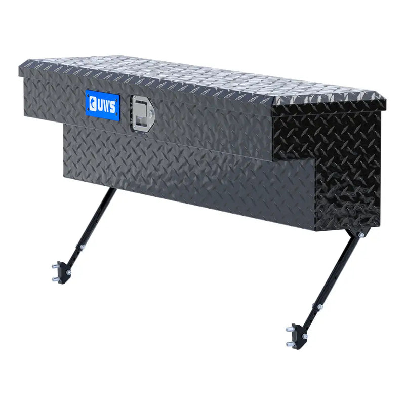 UWS 48" Truck Side Tool Box in Gloss Black, front three-quarter studio view, fitted with the black space-saving legs