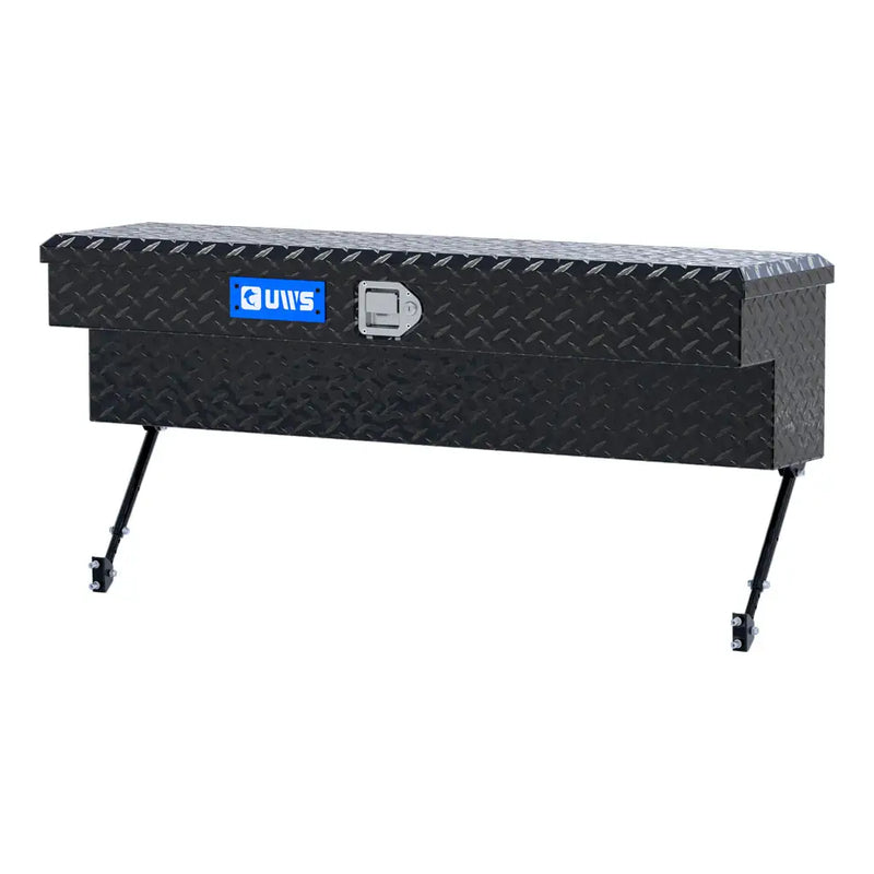 UWS 48" Truck Side Tool Box in Gloss Black, front three-quarter from the opposite side, fitted with the black space-saving legs