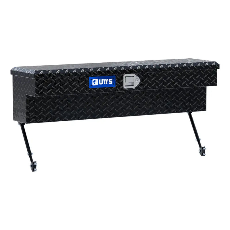 UWS 48" Truck Side Tool Box in Gloss Black, rear three-quarter view, fitted with the black space-saving legs