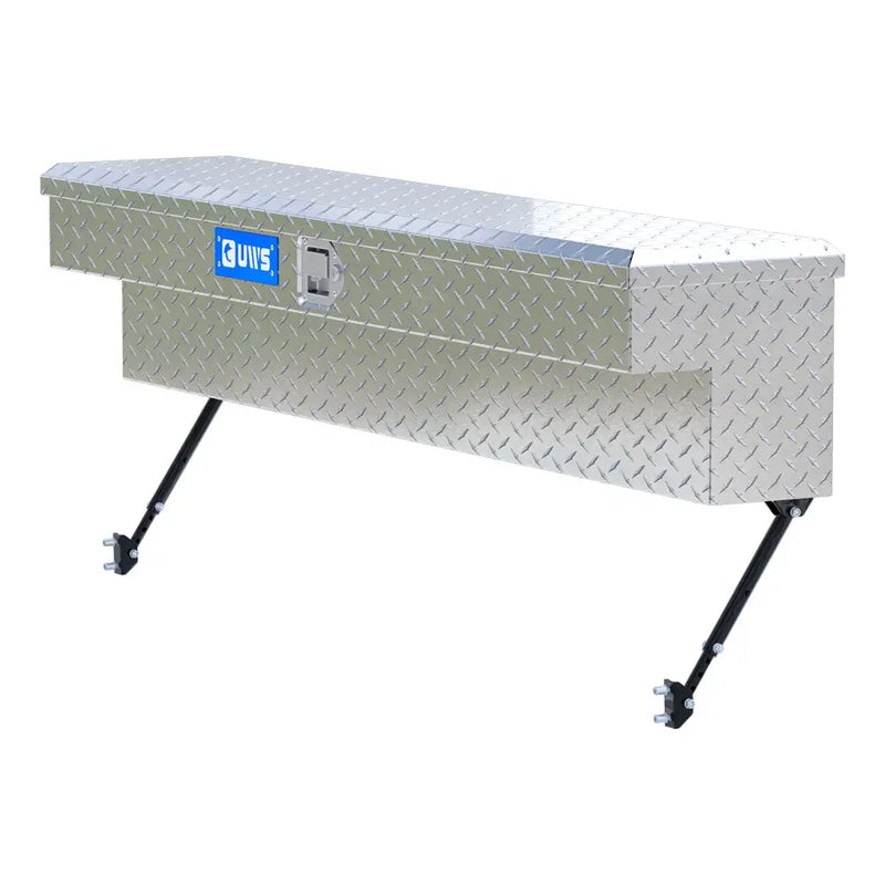UWS 60" Truck Side Tool Box in Bright Aluminum, front three-quarter studio view, fitted with the black space-saving legs