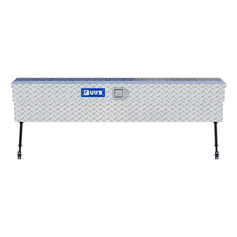 UWS 60" Truck Side Tool Box in Bright Aluminum, straight-on front elevation, fitted with the black space-saving legs