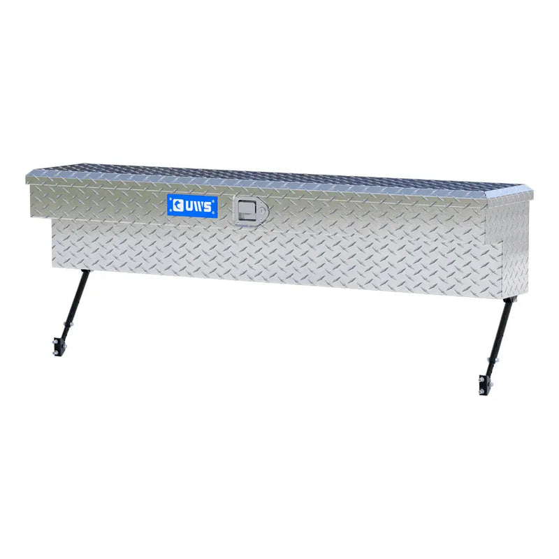 UWS 60" Truck Side Tool Box in Bright Aluminum, front three-quarter from the opposite side, fitted with the black space-saving legs