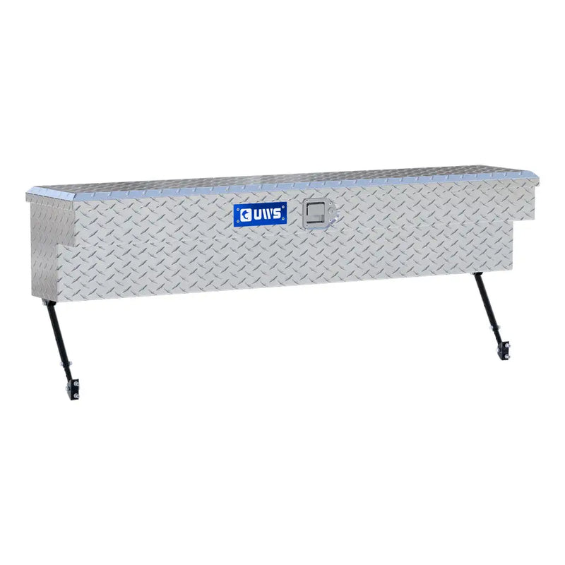UWS 60" Truck Side Tool Box in Bright Aluminum, rear three-quarter view, fitted with the black space-saving legs