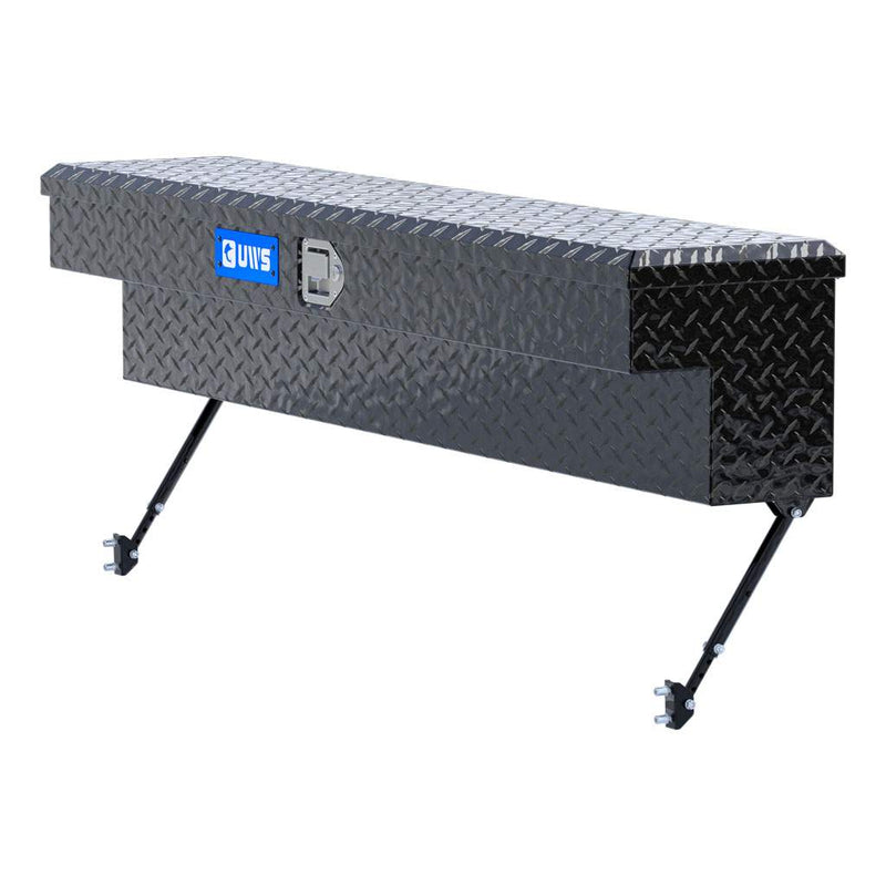 UWS 60" Truck Side Tool Box in Gloss Black, front three-quarter studio view, fitted with the black space-saving legs