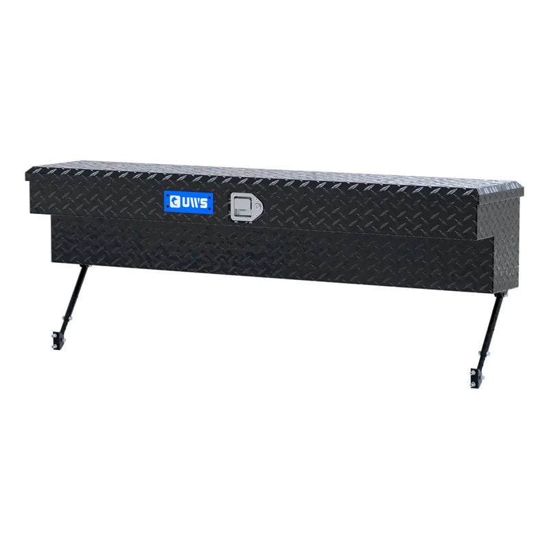 UWS 60" Truck Side Tool Box in Gloss Black, front three-quarter from the opposite side, fitted with the black space-saving legs