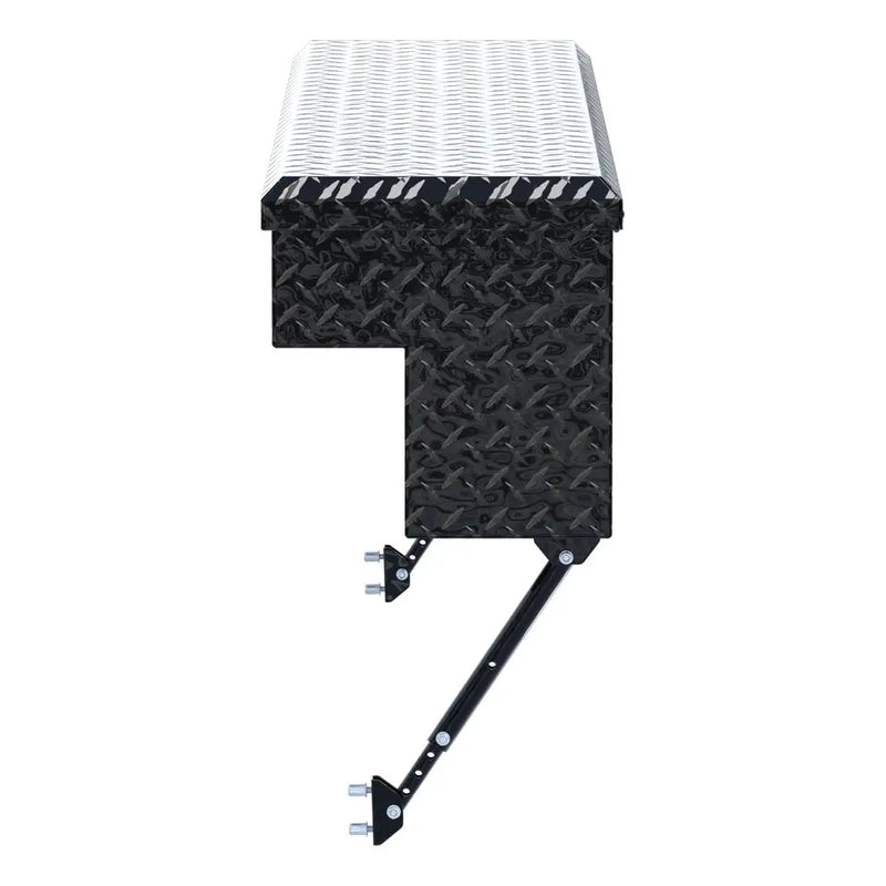 UWS 60" Truck Side Tool Box in Gloss Black, top-down three-quarter view of the closed lid, fitted with the black space-saving legs