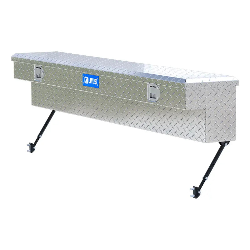 UWS 72" Truck Side Tool Box in Bright Aluminum, front three-quarter studio view, fitted with the black space-saving legs