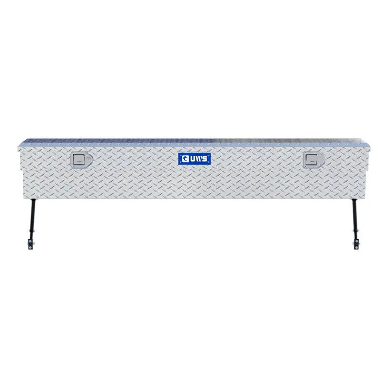 UWS 72" Truck Side Tool Box in Bright Aluminum, straight-on front elevation, fitted with the black space-saving legs