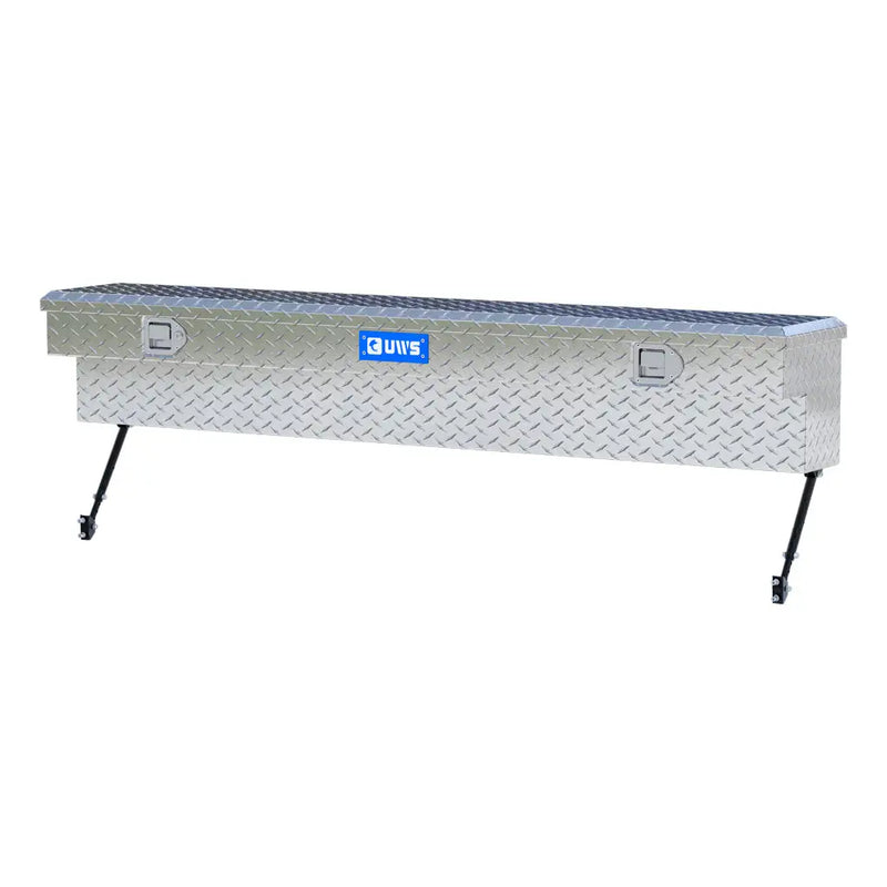 UWS 72" Truck Side Tool Box in Bright Aluminum, front three-quarter from the opposite side, fitted with the black space-saving legs