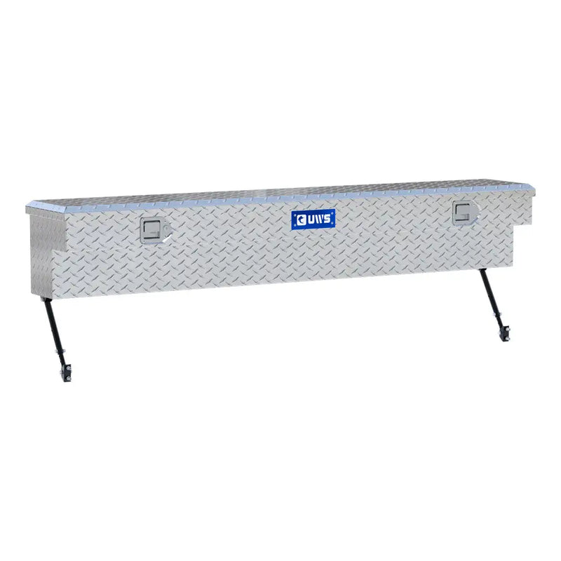 UWS 72" Truck Side Tool Box in Bright Aluminum, rear three-quarter view, fitted with the black space-saving legs